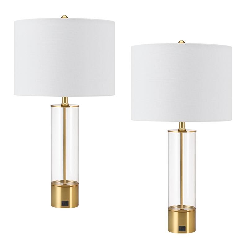 3-Way USB Table Lamp Set of 2 with White Shades - 25.5 in. H