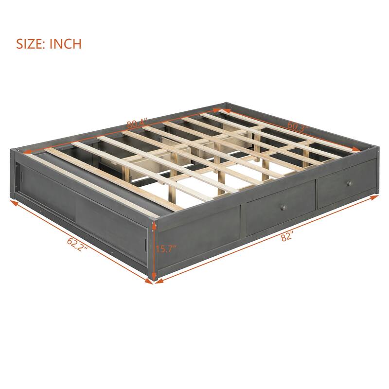 Queen Size Platform Bed Open Frame with Footboard Storage and 4 Drawers