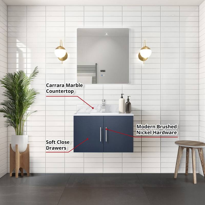 Monte Stainless Steel Bathroom Vanity Set with Marble Top, Chrome Faucet, 30" x 32" Mirror, Scratch & Stain Resistant