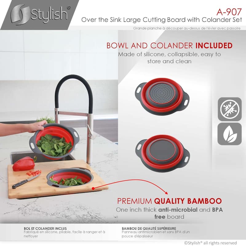 STYLISH Bamboo Over the Sink Cutting Board with Collapsible Bowl and Collander - 15.875" x 18"