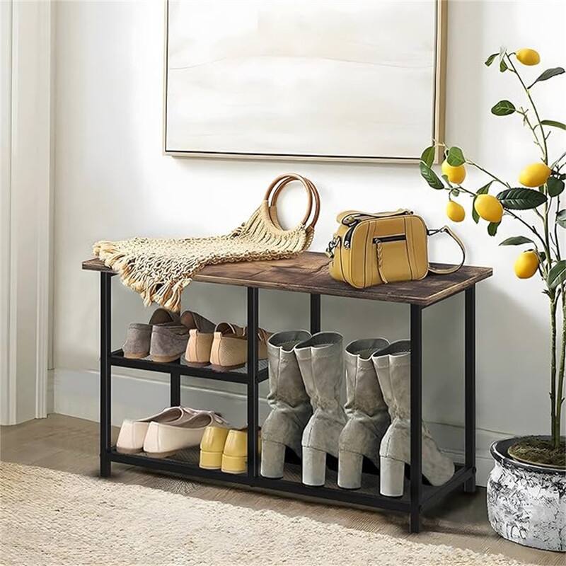 Shoe Rack Bench - 12"D x 31.5"W x 16.5"H - 12"D x 31.5"W x 16.5"H - Rustic Brown