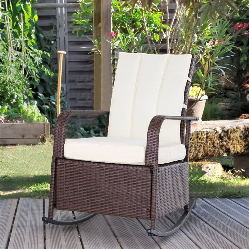 Reclining Outdoor Rocking Chair with Removable Cushion Covers and Adjustable Footrest for Comfortable Seating - Brown-White