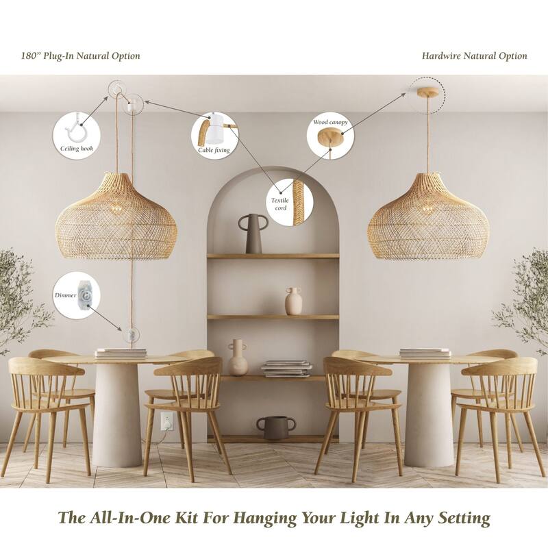 Kloe Rattan Pendant Light - Natural Brown Dome 1-Light Handwoven Ceiling Light For Transitional, Farmhouse, Coastal Room Decor