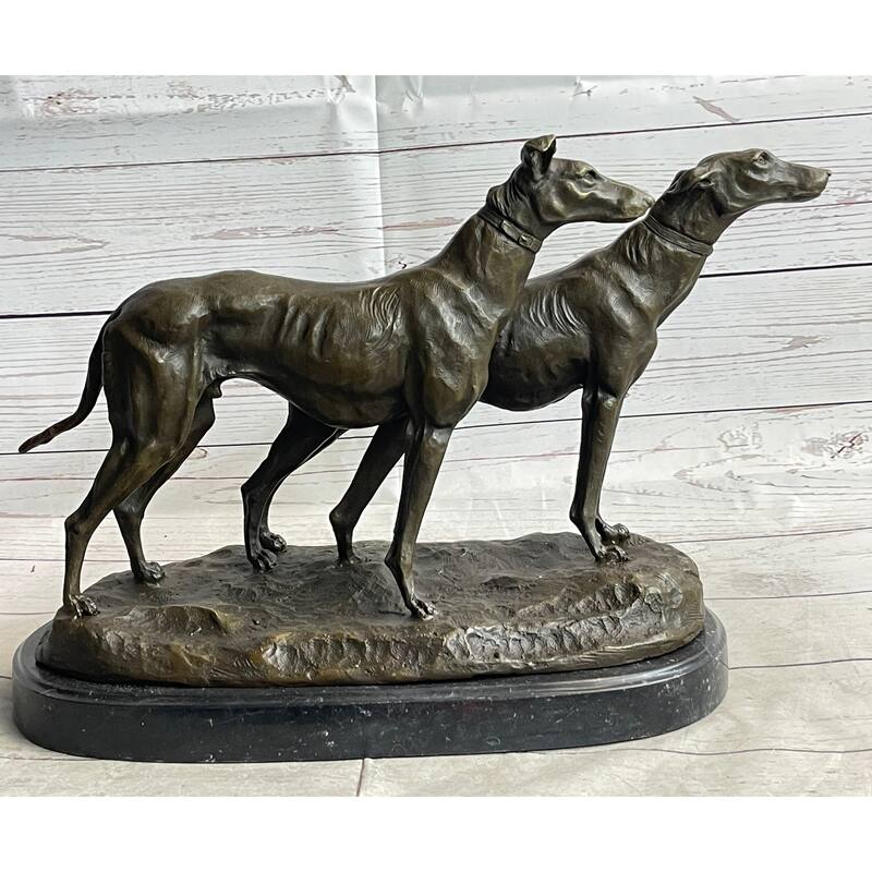 Pair Of Greyhounds - Two Slender Racing Dogs Handmade Bronze Sculpture By Fremiet