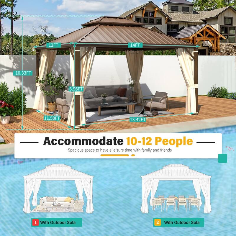 EROMMY Hardtop Gazebo W/Steel Double Roof, Anti-Rust Coating Aluminum Frame Permanent, Hard Top Gazebo for Garden Lawn Parties