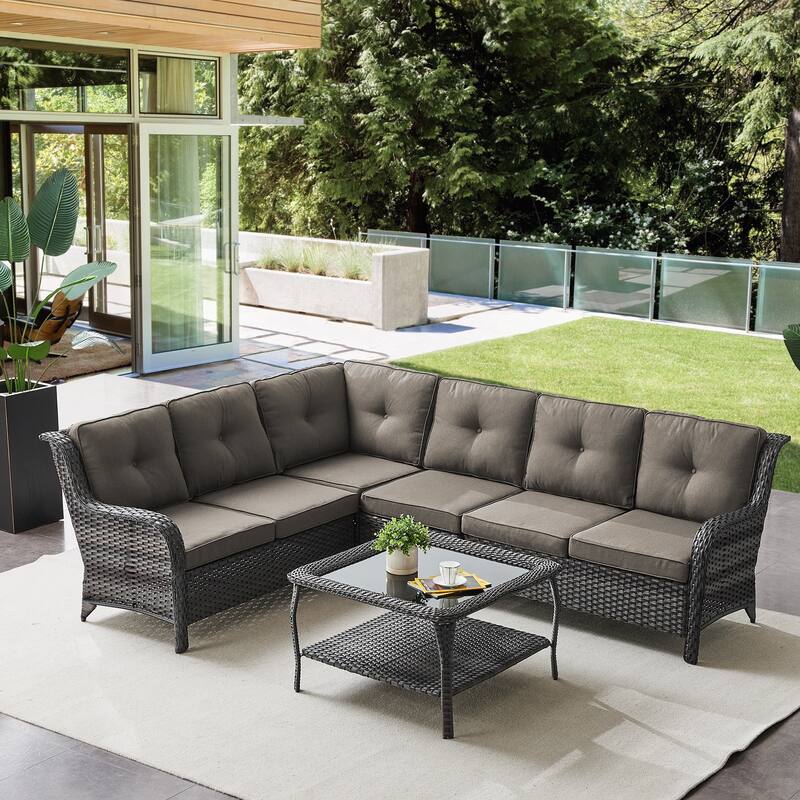 Gymojoy 6-seats L-Shaped Outdoor Corner Sectional Sofa Couch Conversation Set - 2-Piece - Sectional Sofa & Coffee Table - Grey Wicker / Grey Cusion