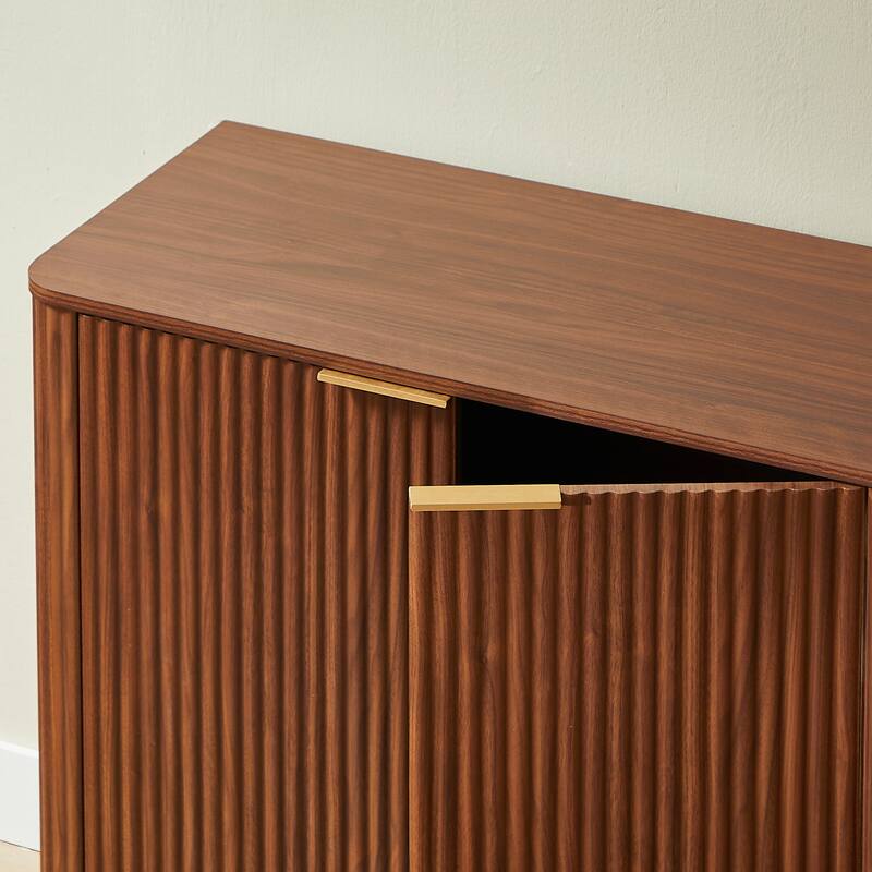 Anmytek Mid-Century Modern Sideboard with Fluted Detailing and Gold Handles in Walnut Finish