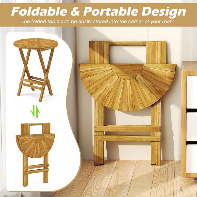 Gymax Patio Folding Side Table 23.5'' Teak Wood Round End Table Fully