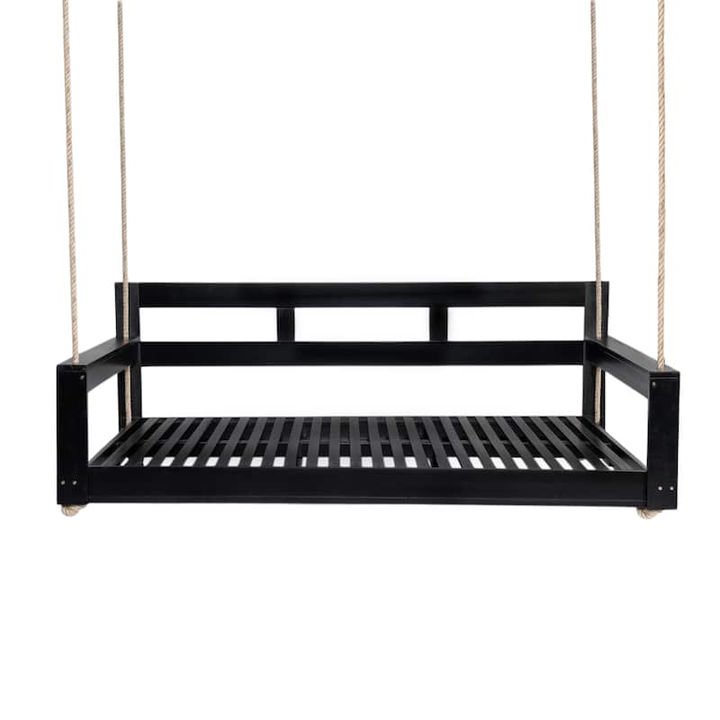 Solid Wood Twin-Size Porch Swing Daybed – 4-Rope Hanging Garden Bench for Backyard & Outdoor Lounging‌ - Black
