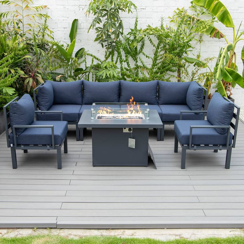Outdoor 7-Piece Patio Sectional Set Aluminum Frame W/ Fire Pit Table - Blue