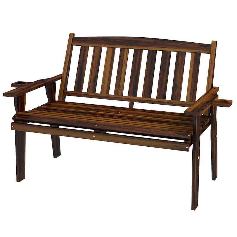 Outdoor Two-Seater Wood Bench with Cupholder Armrests, Slatted Seat & Backrest
