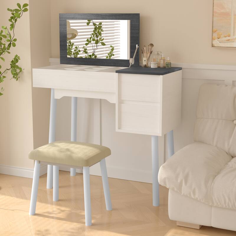 Anmytek Vanity Desk with Flip Top Mirror and Stool Makeup Table and Workspace 2 in 1