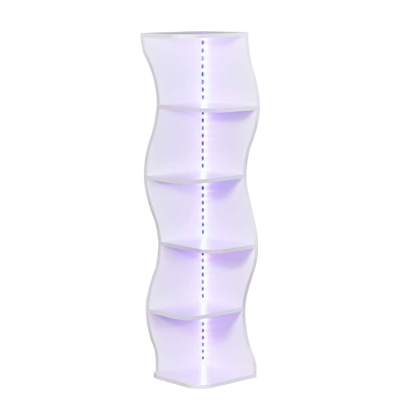 Javlergo 5-Tier Corner Bookshelf with LED Light Strip Seagrass Wave Design Tall Corner Bookcase with Lights for Living Room