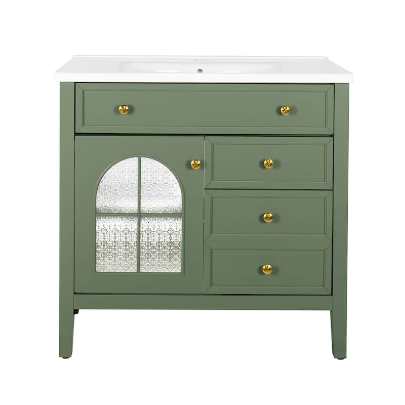 35.6-Inch Mid-Century Bathroom Vanity Sink with Patterned Glass & Motion-Sensor Light Strip, High-End Vanity Cabinet