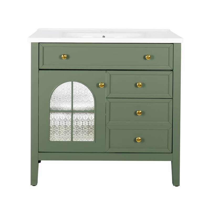 Freestanding 36" Bathroom Vanity Sink Cabinet with Motion-sensor Light Strip, Patterned Glass & Drawers