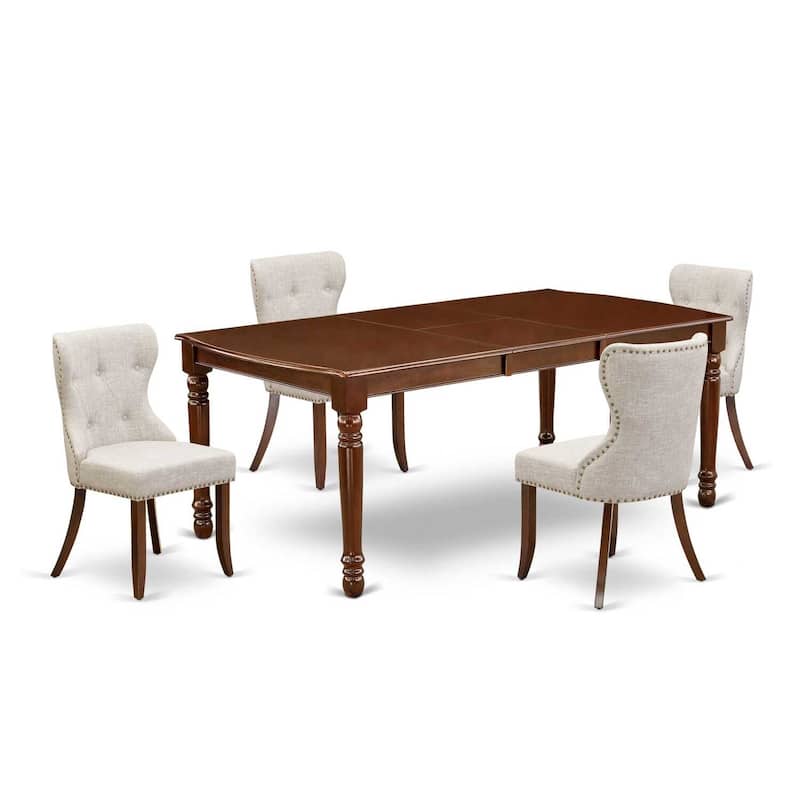 Kitchen Dining Table Set for 4 - Linen Fabric Chairs & Butterfly Table - Mahogany Finish