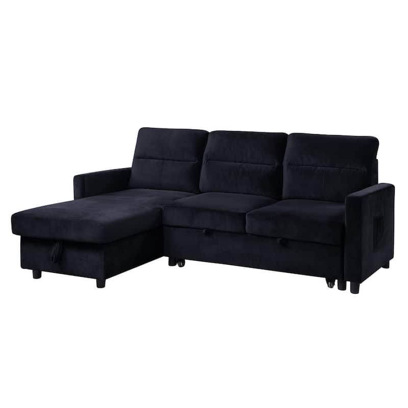 Ivy 81.5-inch Black Reversible Sleeper Sectional Sofa with Storage Chaise and Side Pocket - 81.5"W x 60"D x 33.5"H
