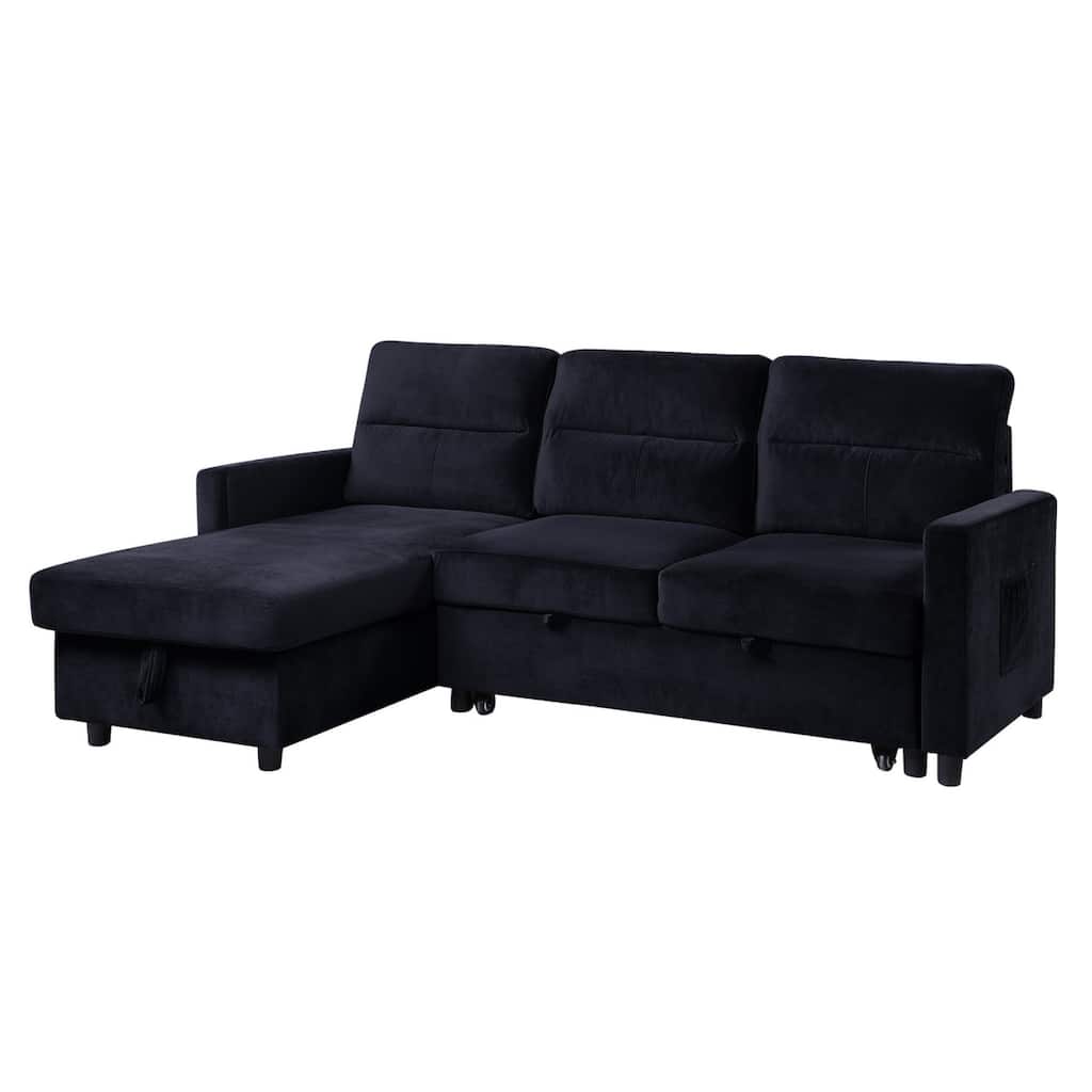 Ivy 81.5-inch Black Reversible Sleeper Sectional Sofa with Storage Chaise and Side Pocket - 81.5"W x 60"D x 33.5"H