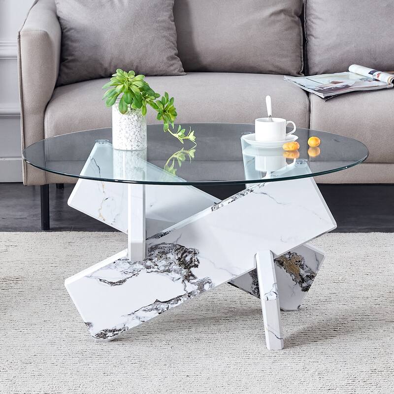 33.4" Modern Round Coffee Table with Clear Tempered Glass Top and MDF Legs for Living Room