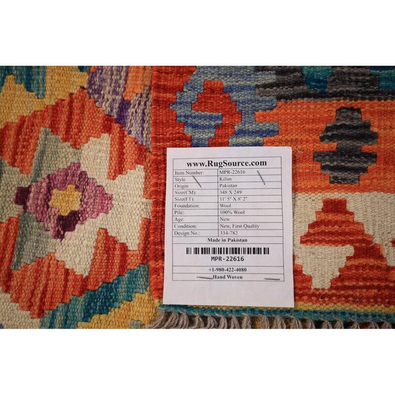 Kilim Oriental Area Rug Flatweave Geometric Orange Wool Carpet - 8'2" x 11'5"