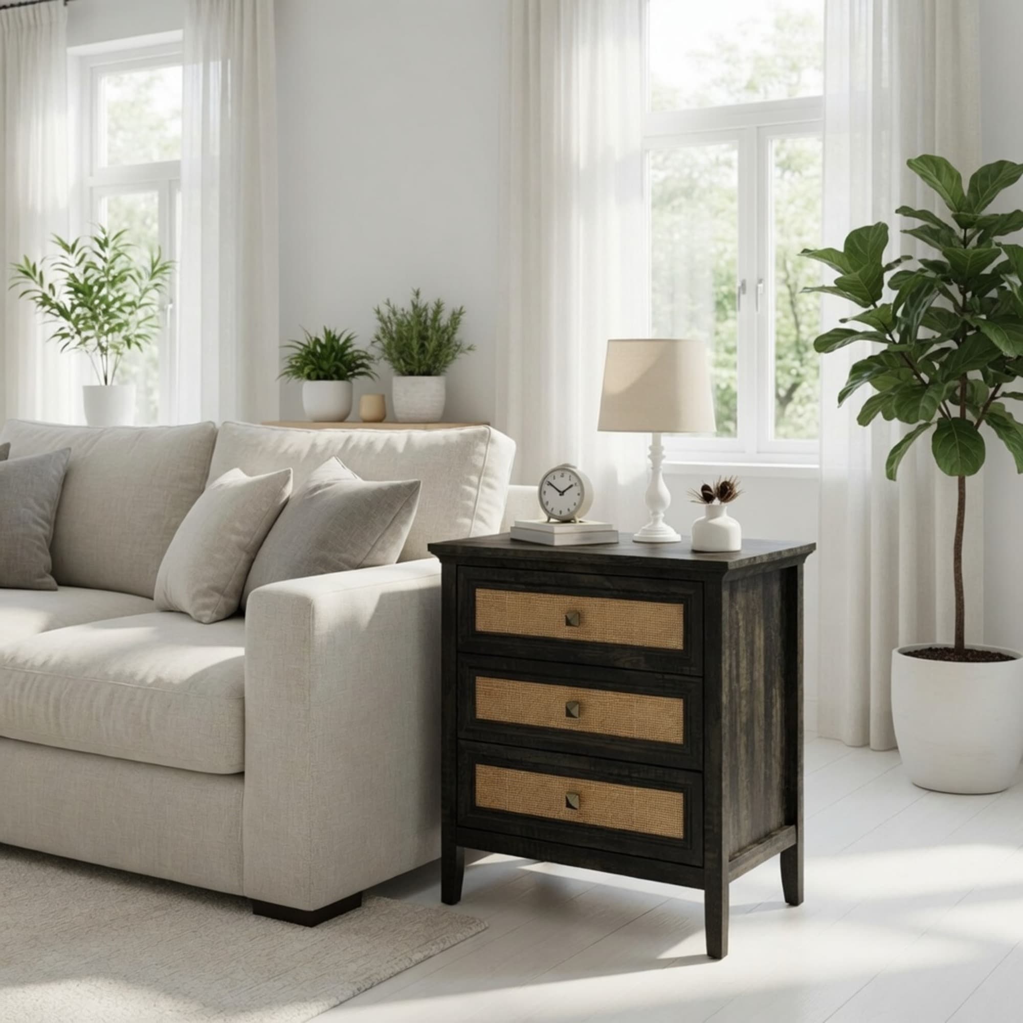 29.5" Wide Coffee Boho Nightstand with 3 Drawers - Tall Rattan End Table