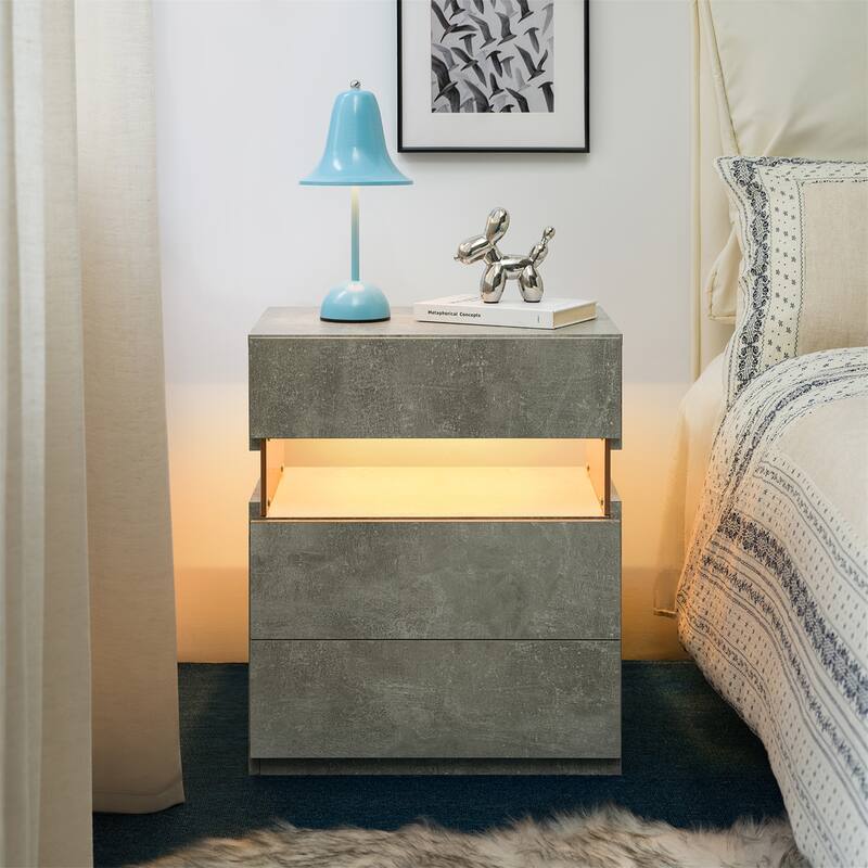 3-Drawer LED Nightstand, Multifunctional Bedside Table - Grey