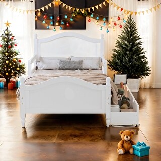 Twin Size Wood Platform Bed with Guardrails on Both Sides and Two Storage Drawers for Home For Home