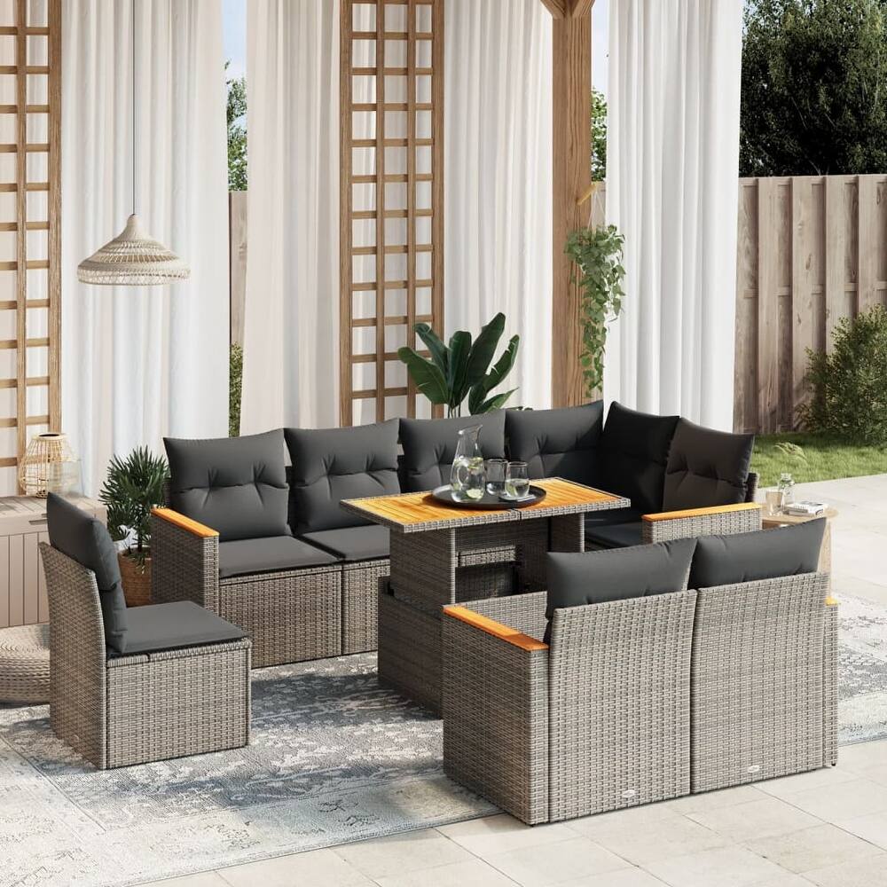 vidaXL Patio Sofa Set with Cushions Sofa Modules 9 Piece Poly Rattan Acacia - 21.7 x 39.4 x 28.7 in