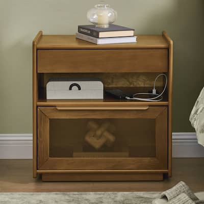 Modern Nightstand with Charging Station,Outlet Hole and Open Shelf