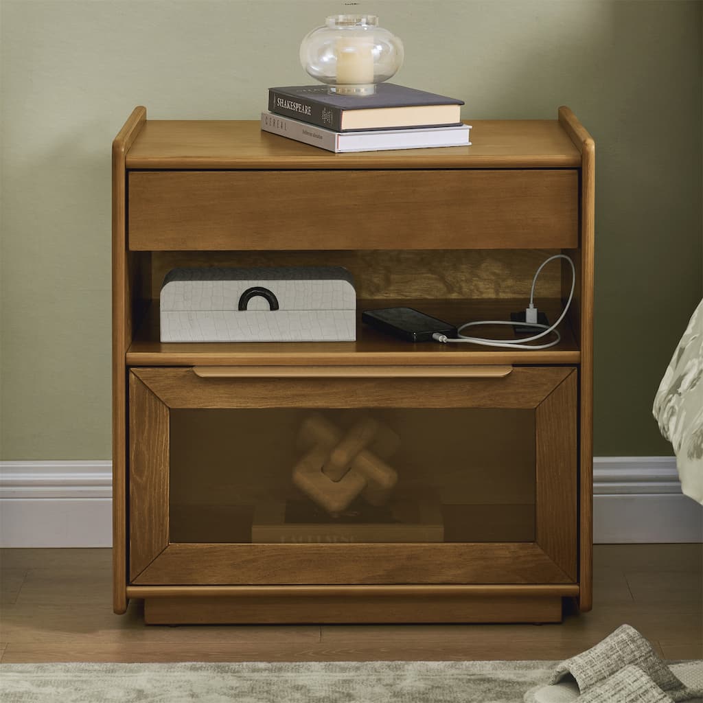 Modern Nightstand with Charging Station,Outlet Hole and Open Shelf