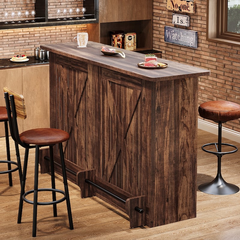 2-Tier Bar Table with Footres, Rustic Brown Bar Cabinet Height Pub - N/A