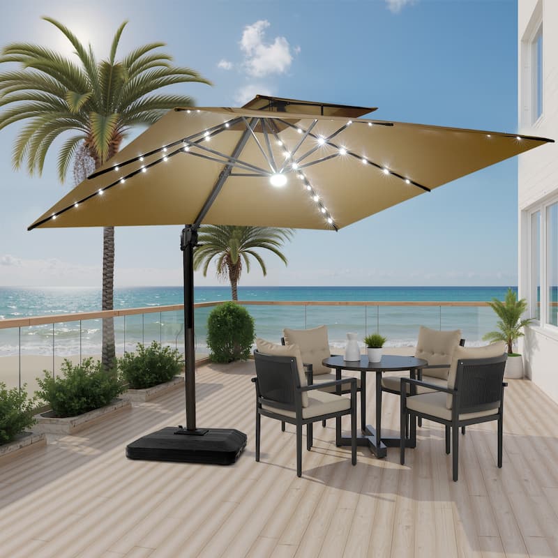 Pellebant 11X11 FT Outdoor Square Cantilever Patio Umbrella Solar LED Lighted with Premium Base Stand - Tan
