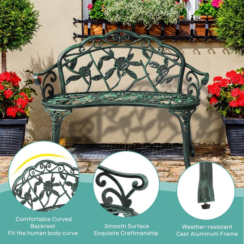 Outdoor Cast Aluminum Patio Bench with Curved Legs Rose Pattern
