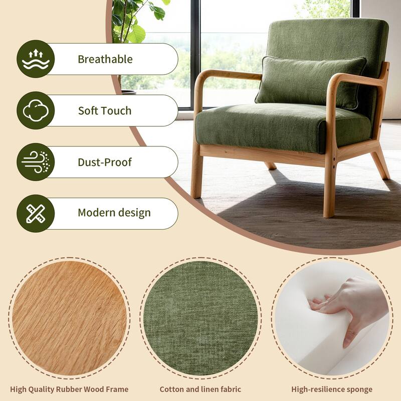 Armchair Solid Wood Frame Accent Chair with Detachable Lumbar Pillow Living Room Chairs