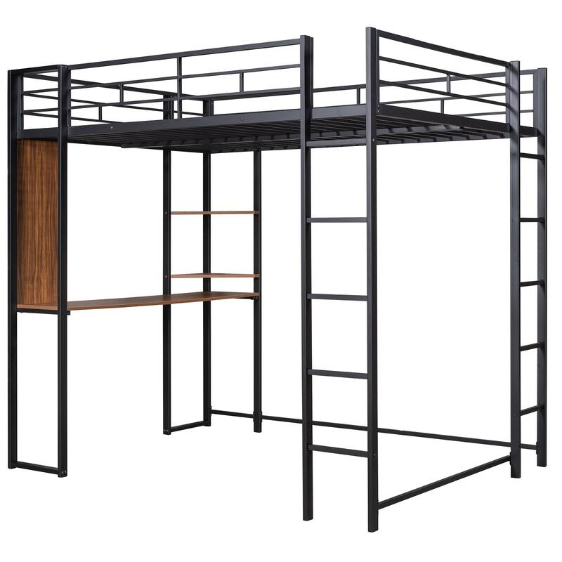 Full Size Metal Loft Bed with Desk and Shelves, Integrated Ladder and Guardrails