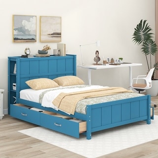 Full Size Bed Frame with Shelves&Headboard, Wood Platform 4 Storage Drawers, Support Legs for Girls Boys, No Box Spring Needed