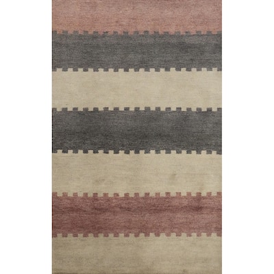 Hand Knotted Oriental 100% Wool Carpet Modern Geometric Multi-Colored Gabbeh Area Rug - 5' 10'' X 3' 11''