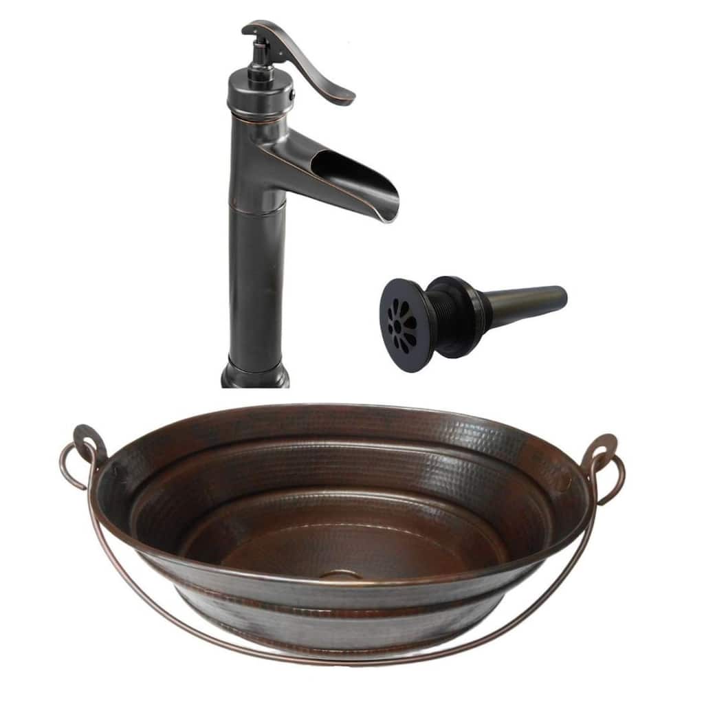 16" Oval Copper Vessel Bucket Bath Sink, Pump Faucet Included - 16" x 12" x 6"