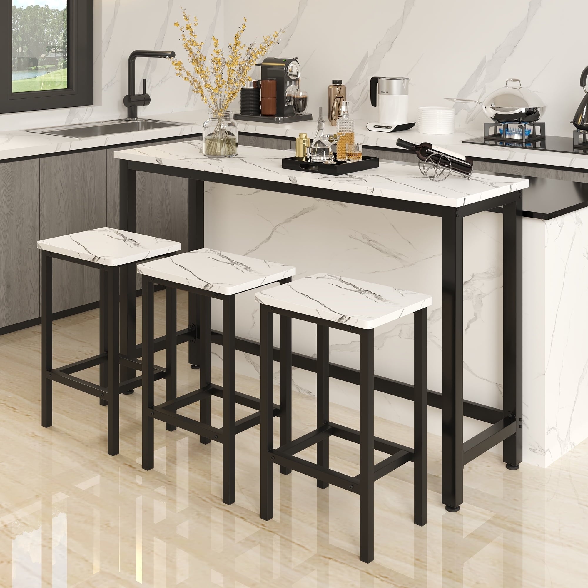 Modern 4 Piece Bar Dining Table and Chair Set, Kitchen High Dining Table Set with Three Stools