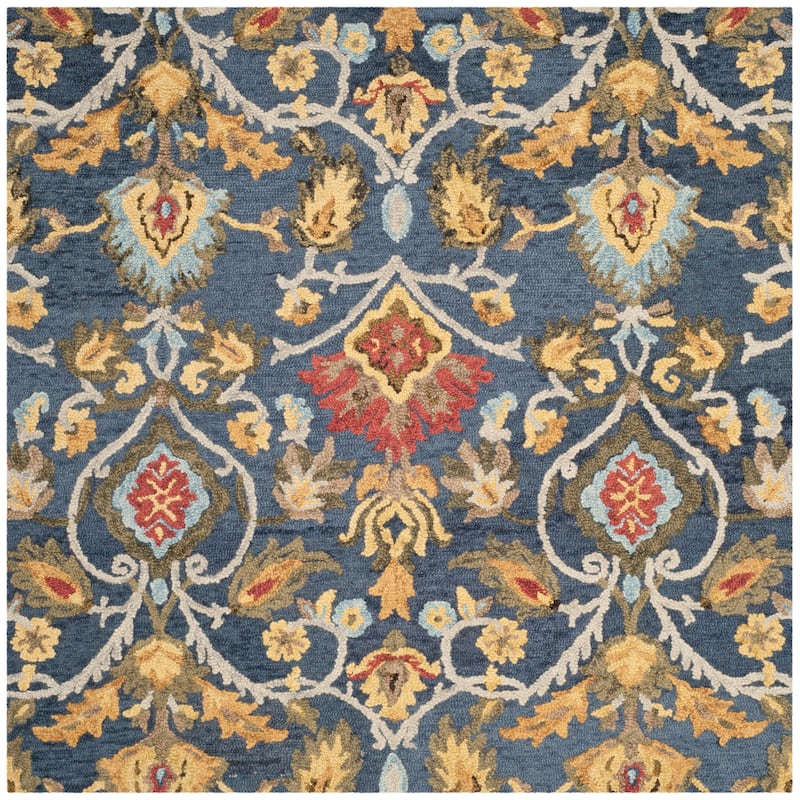SAFAVIEH, Handmade Marietje Blossom French Country Wool Area Rug - 5' Square - Navy/Multi