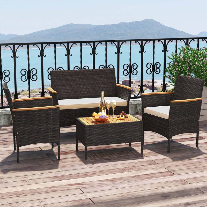 Costway 4 PCS Patio Wicker Sofa Set with Coffee Table Acacia Wood - See Details