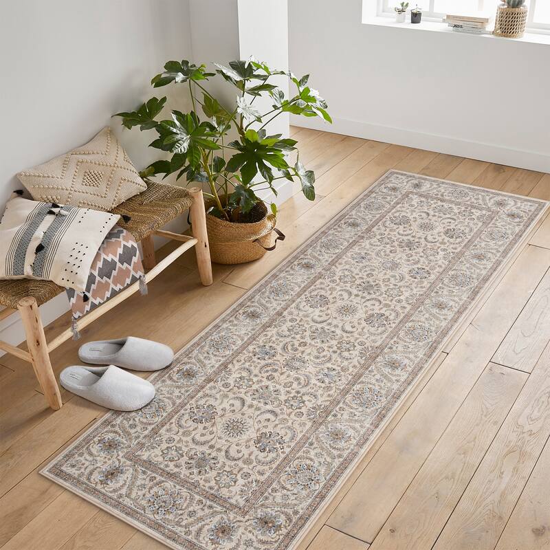 Washable Area Rugs for Living Room Stain Resistant Carpet Vintage Rugs Bedroom Low Pile Non Slip Accent Carpet - 2' x 6' Runner - Beige
