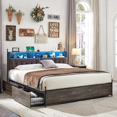 Queen Size Bed Frame with LED Lights, Charging Station and 4 Drawers