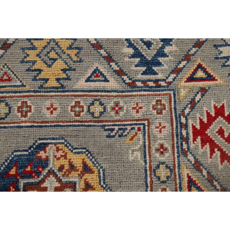 Gray Geometric Kazak Oriental Runner Rug Hand-Knotted Wool Carpet - 2'9" x 10'0"