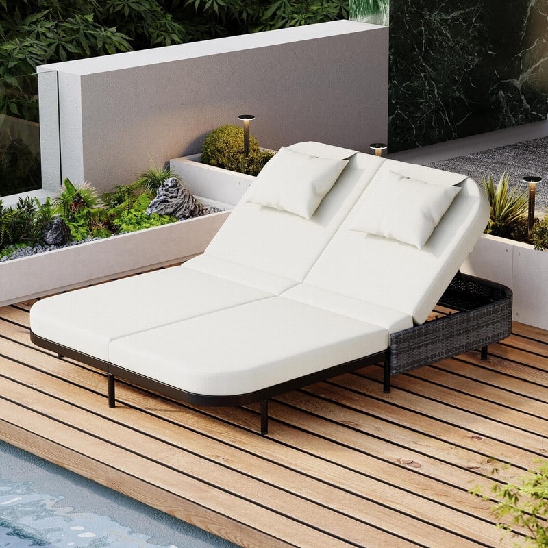 Rattan Outdoor Daybed Double Patio Chaise Lounge with Removable Cushions - Black
