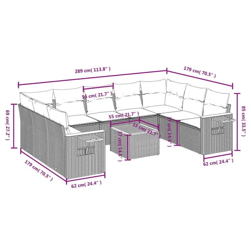 vidaXL Patio Sofa Set with Cushions Outdoor Conversation Furniture Poly Rattan - 24.4 x 33.5 x 27.2 in