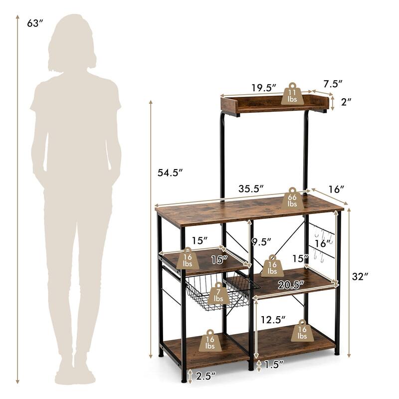 SUGIFT 4-tier Kitchen Baker's Rack with Basket and 5 Hooks