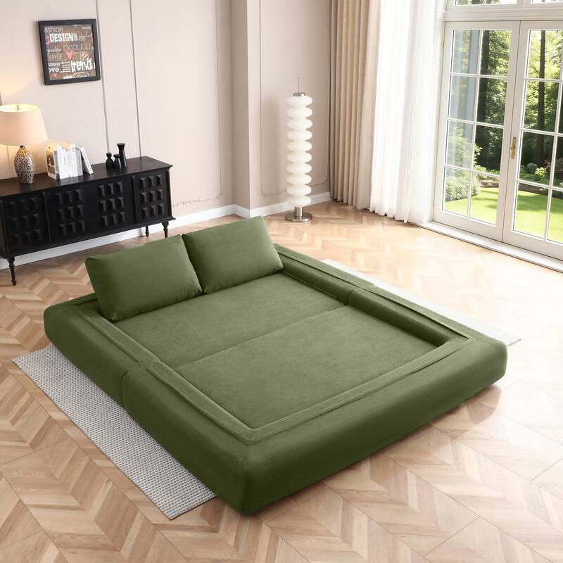Anmytek 81 Inch Convertible Sofa Bed 3 in 1 Folding Floor Couch Corduroy Sleeper Mattress with Pillows Green