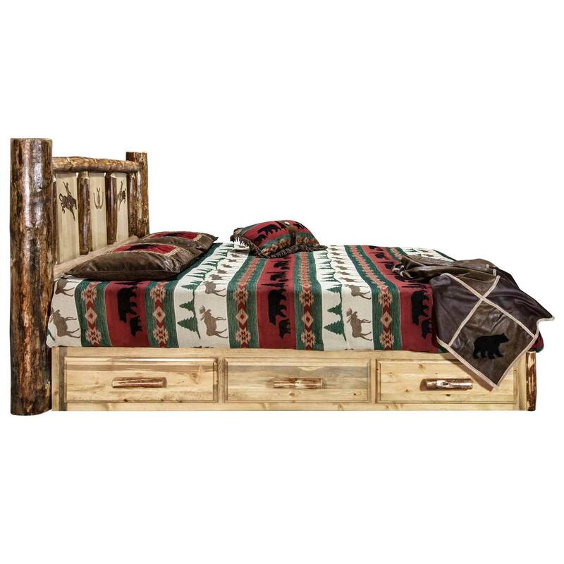 King Platform Bed with Storage & Bronc Design - Rustic Bed Frame