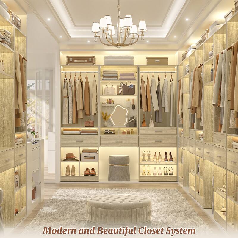 Set of 2 Closet System with Hanging Rod and 11 Open Shelves,Walk-in Closet Organizer with 2 Wooden Drawers and Magnetic Pegboard